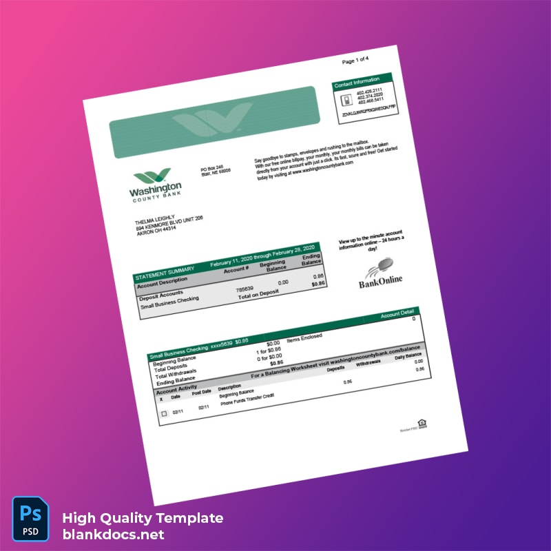 USA Washington County Bank Statement Template in Word and PDF formats