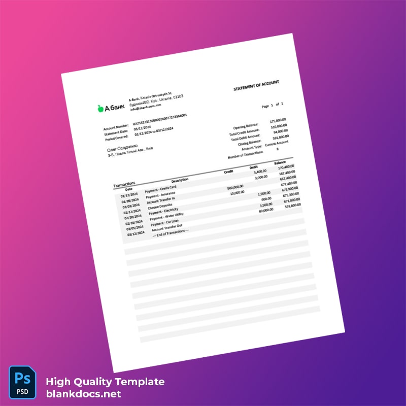 Ukraine ABANK Bank Statement Template in Word and PDF formats