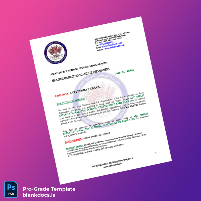 Blank United Arab Emirates Abu Dhabi International Pvt School Employment Verification Letter Template (Word/PDF) Document Preview - BlankDocs