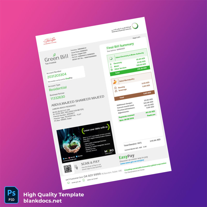 United Arab Emirates Dubai Electricity Water Authority Editable Utility Bill Template in Word and PDF formats