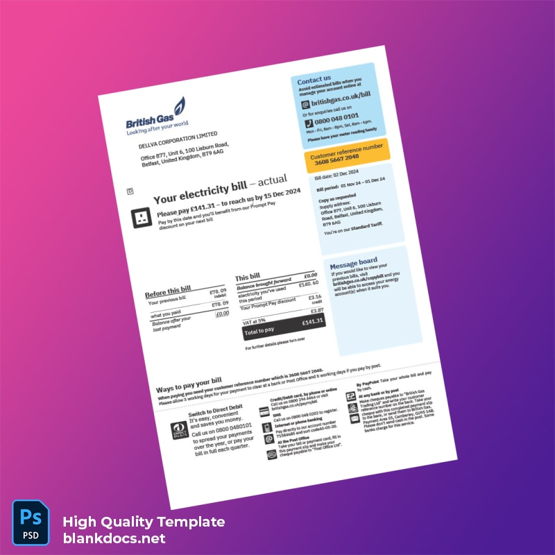 United Kingdom British Gas Editable Electricity Bill Template in Word and PDF formats