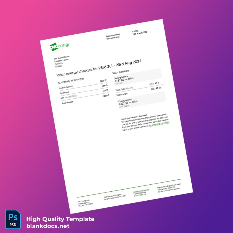 United Kingdom E ON Energy Editable Utility Bill Template in Word and PDF formats
