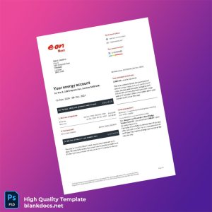 United Kingdom E ON Next Energy Limited Editable Utility Bill Template in Word and PDF formats