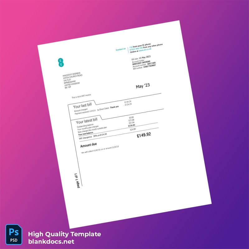 United Kingdom EE Editable Utility Bill Template in Word and PDF formats