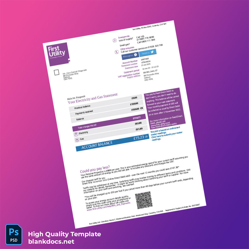 United Kingdom First Utility Ltd Editable Electricity Bill Template in Word and PDF formats