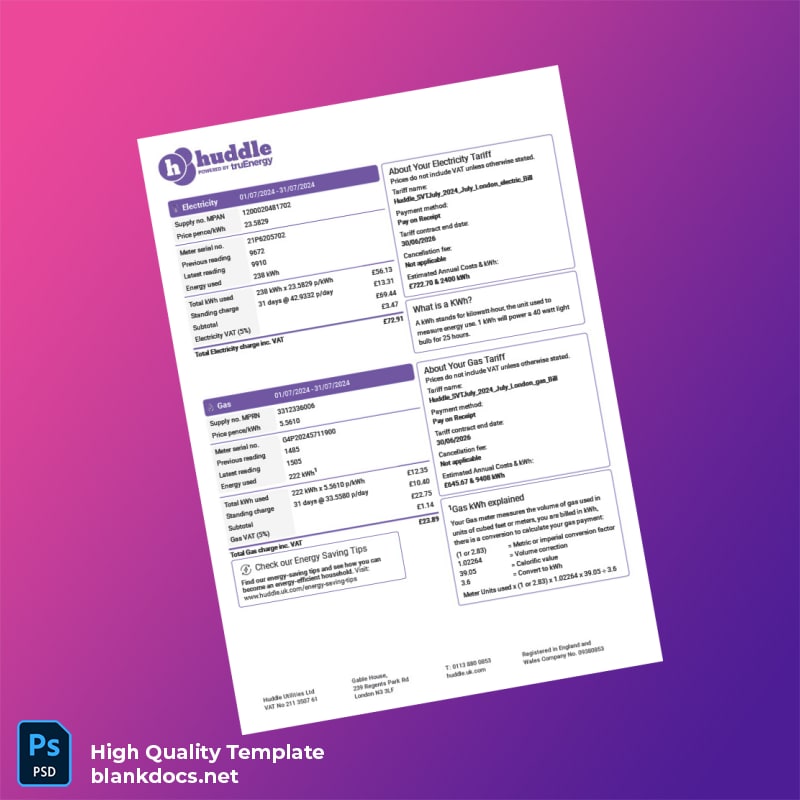 United Kingdom Huddle Energy Editable Utility Bill Template in Word and PDF formats page 2