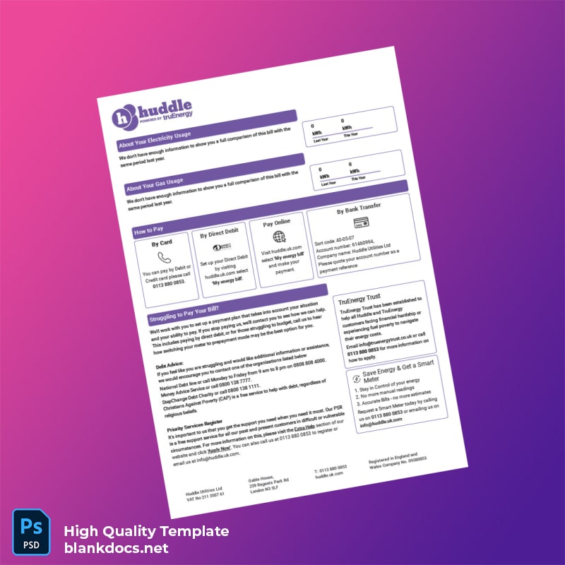 United Kingdom Huddle Energy Editable Utility Bill Template in Word and PDF formats page 3