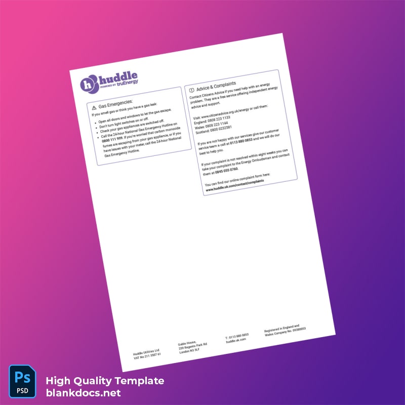 United Kingdom Huddle Energy Editable Utility Bill Template in Word and PDF formats page 4