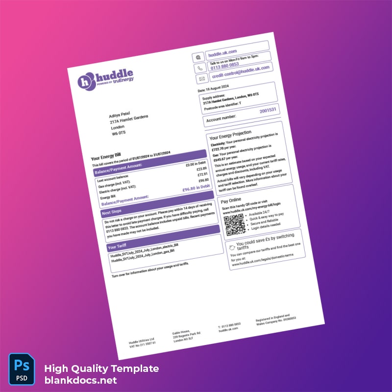 United Kingdom Huddle Energy Editable Utility Bill Template in Word and PDF formats