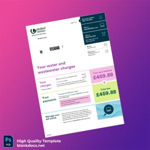 United Kingdom United Utilities Editable Water Bill Template in Word and PDF formats