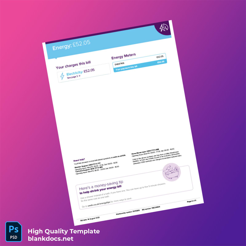 United Kingdom Utility Warehouse Ltd Editable Utility Bill Template in Word and PDF formats page 2