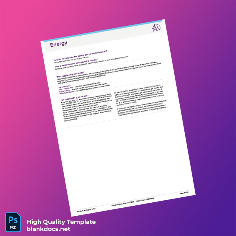 United Kingdom Utility Warehouse Ltd Editable Utility Bill Template in Word and PDF formats page 4