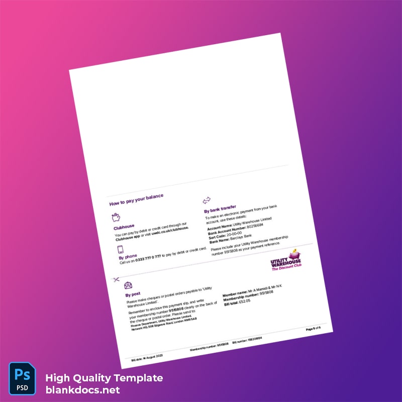 United Kingdom Utility Warehouse Ltd Editable Utility Bill Template in Word and PDF formats page 5