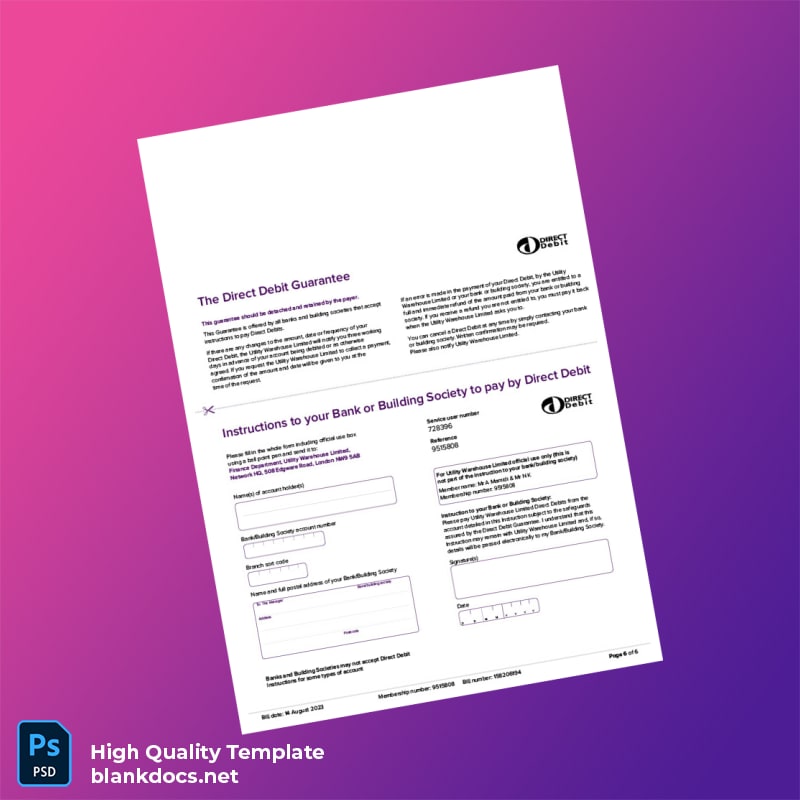 United Kingdom Utility Warehouse Ltd Editable Utility Bill Template in Word and PDF formats page 6