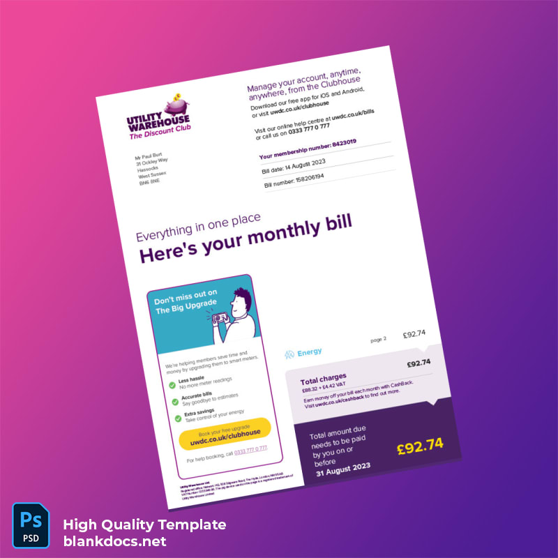 United Kingdom Utility Warehouse Ltd Editable Utility Bill Template in Word and PDF formats