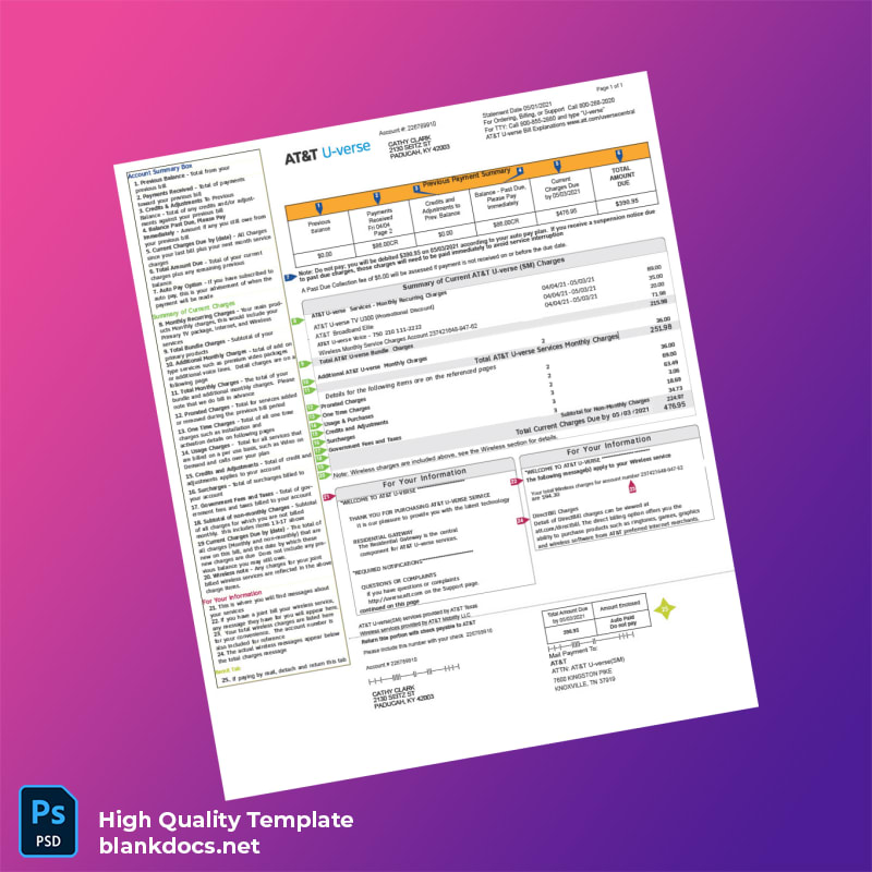 United States AT T Editable Utility Bill Template in Word and PDF formats