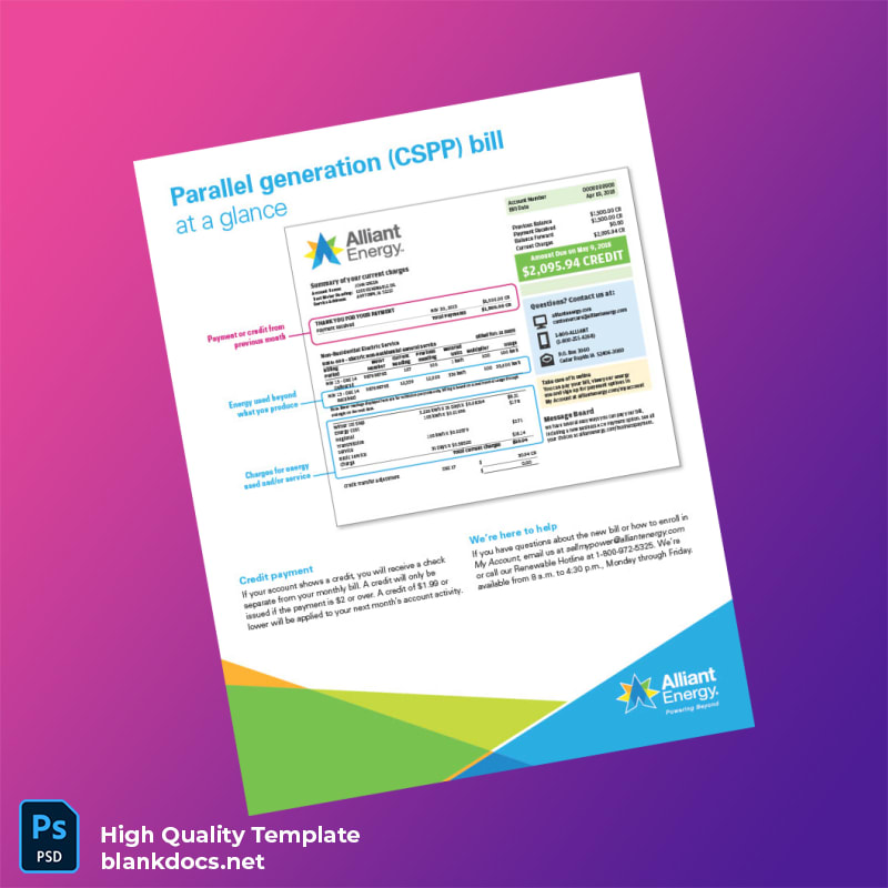United States Alliant Energy Editable Utility Bill Template in Word and PDF formats