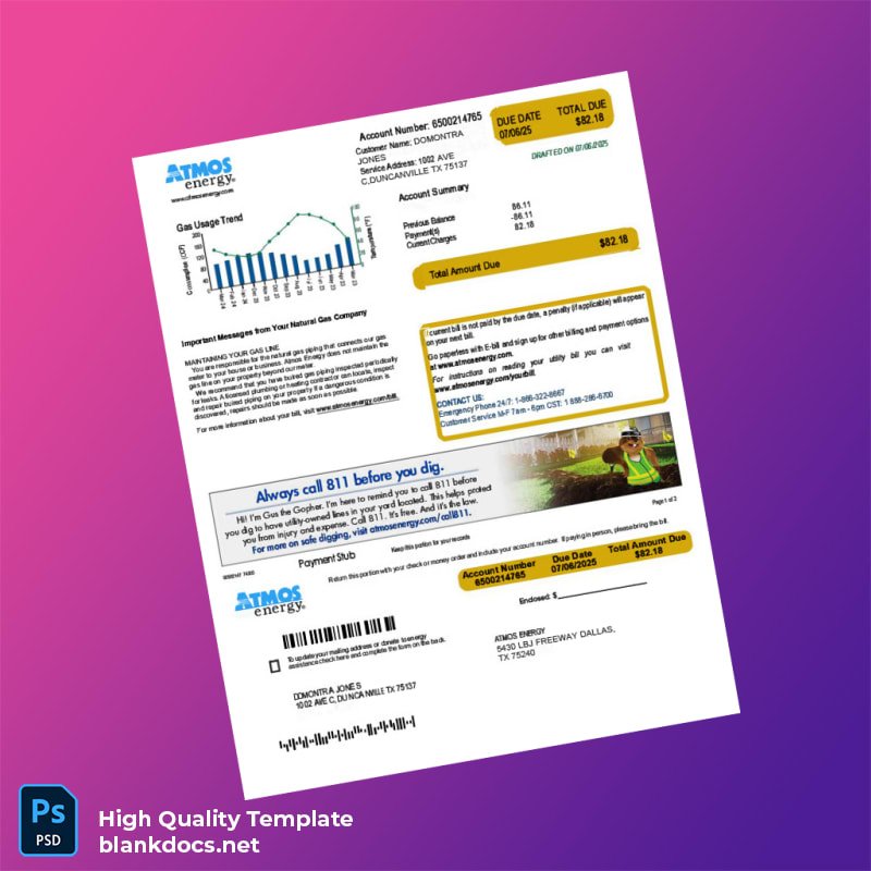 United States Atmos Energy Editable Utility Bill Template in Word and PDF formats