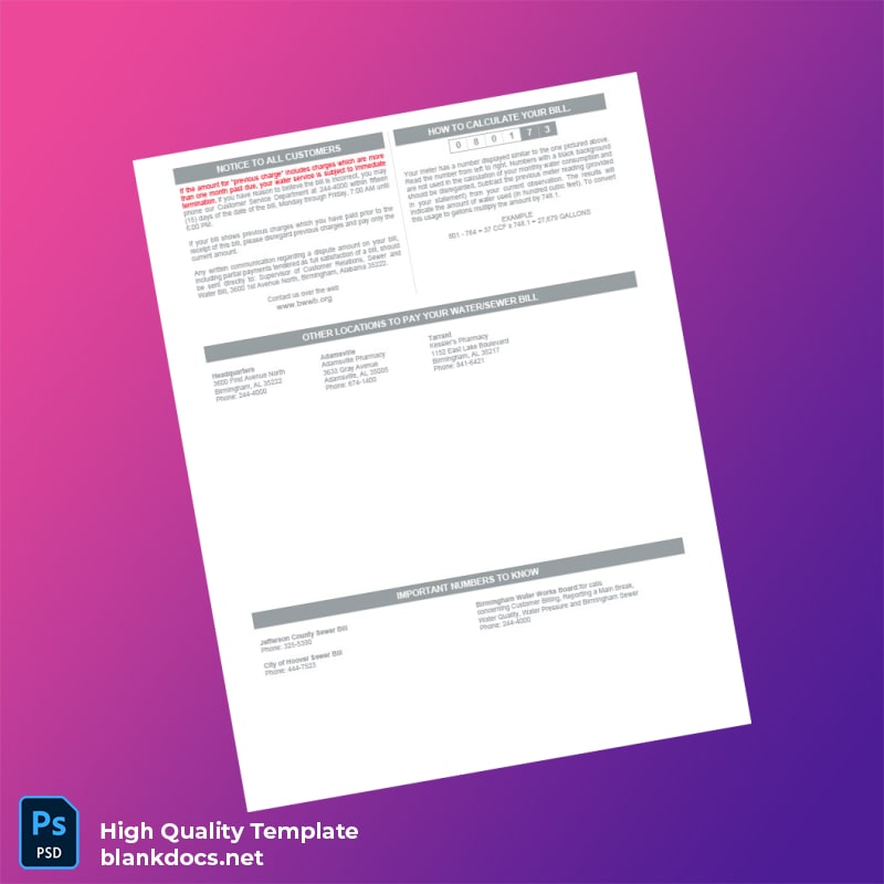 United States Birmingham Water Works Board Editable Water Bill Template in Word and PDF formats page 2