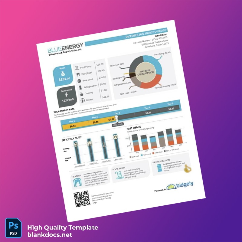United States Blue Energy Editable Utility Bill Template in Word and PDF formats