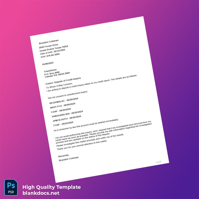 United States Brandon Coleman Editable Credit Report Template in Word and PDF formats