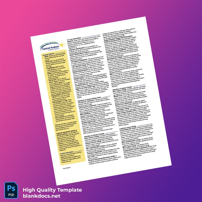 United States Central Hudson Gas Electric Corporation Editable Utility Bill Template in Word and PDF formats page 2