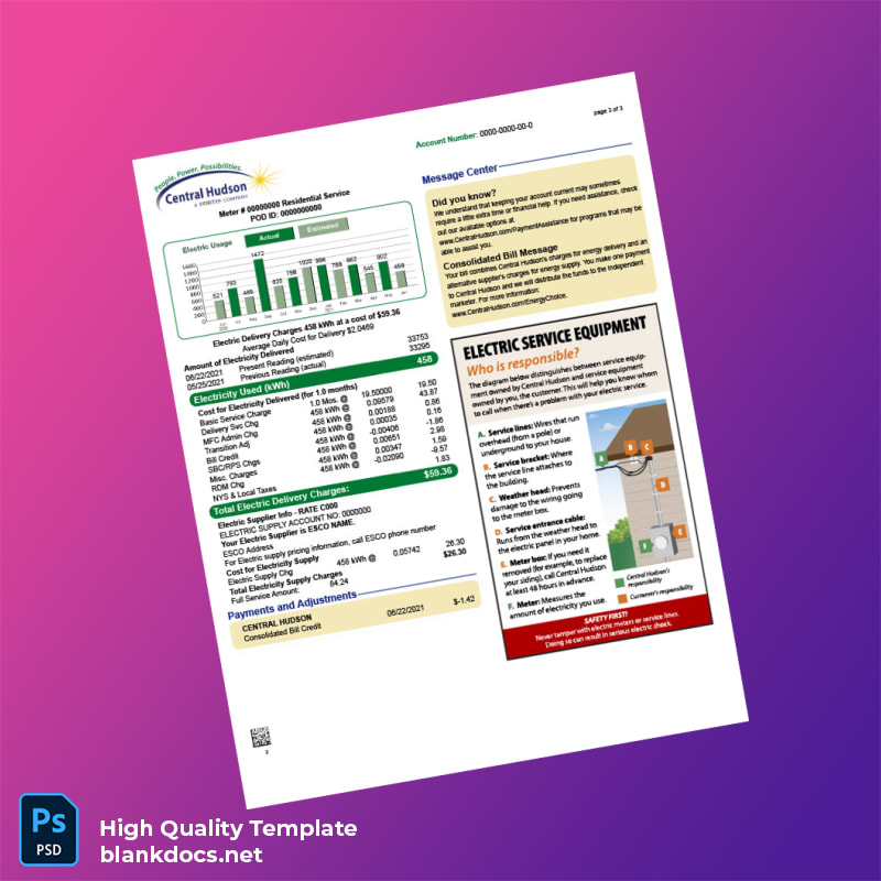 United States Central Hudson Gas Electric Corporation Editable Utility Bill Template in Word and PDF formats page 3