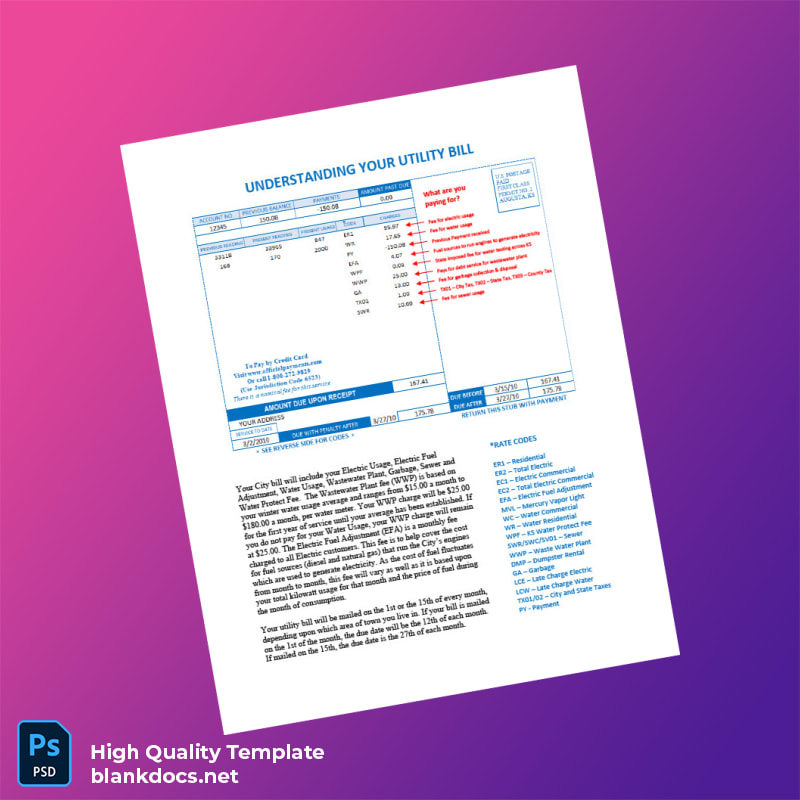 United States City Of Augusta KS Editable Electricity Bill Template in Word and PDF formats