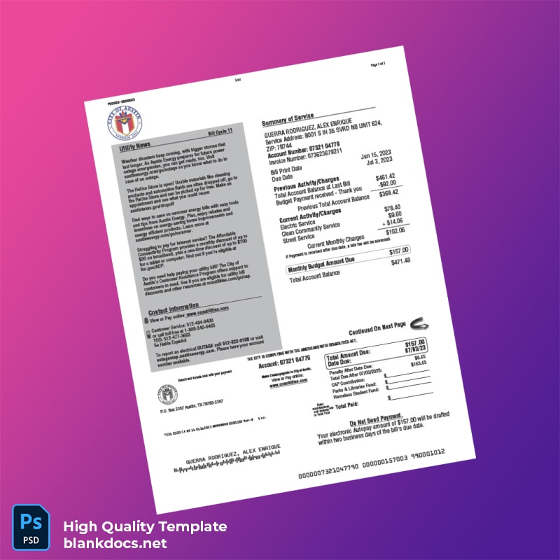 United States City Of Austin Editable Utility Bill Template in Word and PDF formats