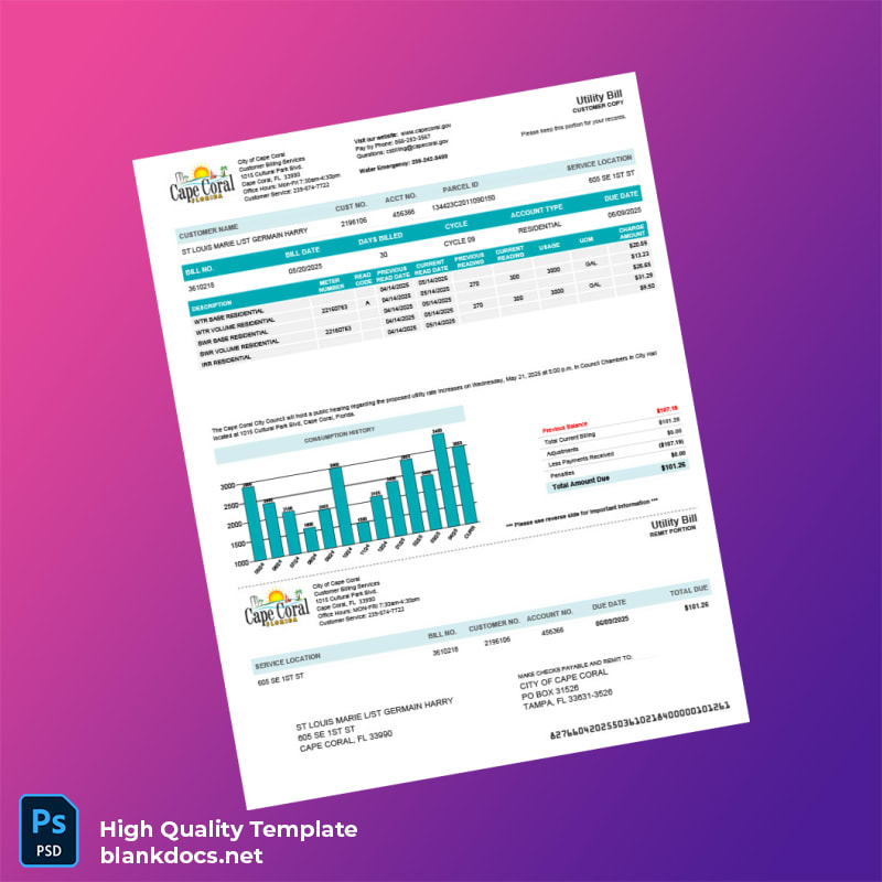 United States City Of Cape Coral Editable Utility Bill Template in Word and PDF formats