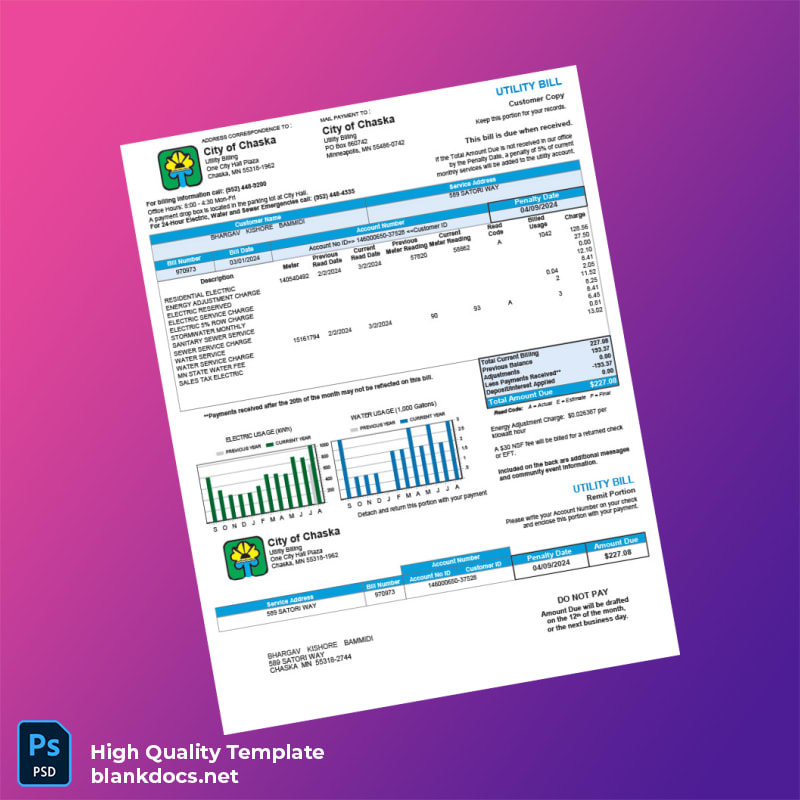 United States City Of Chaska Editable Utility Bill Template in Word and PDF formats