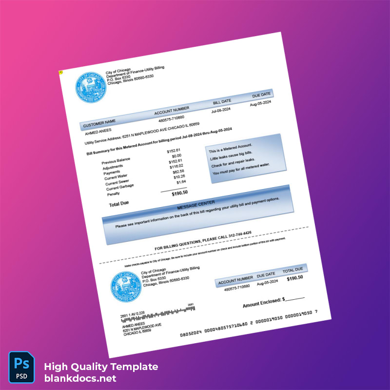 United States City Of Chicago Department Of Finance-Utility Billing Editable Metered Bill Template in Word and PDF formats