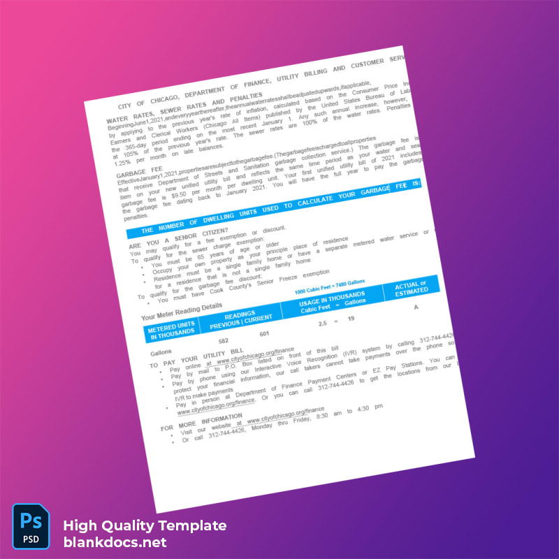 United States City Of Chicago Editable Utility Bill Template in Word and PDF formats page 2
