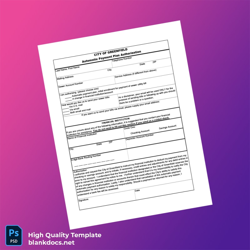 United States City Of Greenfield Editable Auto Pay Authorization Form Template in Word and PDF formats