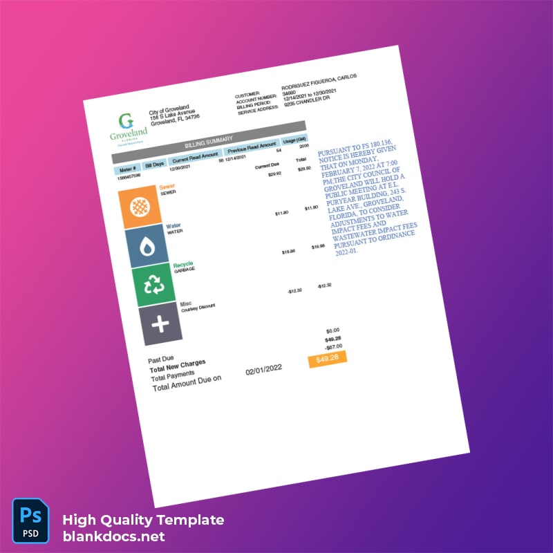 United States City Of Groveland Editable Utility Bill Template in Word and PDF formats page 2