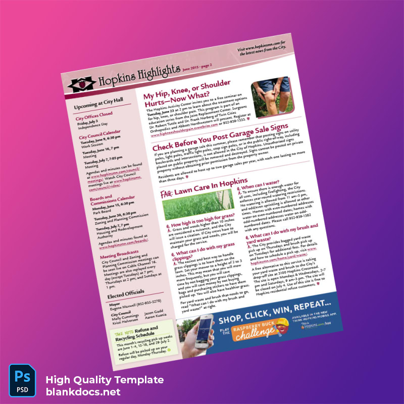 United States City Of Hopkins Editable Community Newsletter Template in Word and PDF formats page 2