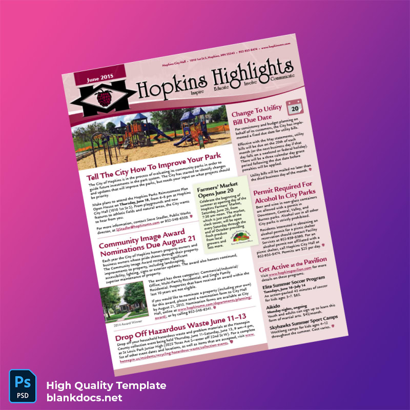 United States City Of Hopkins Editable Community Newsletter Template in Word and PDF formats