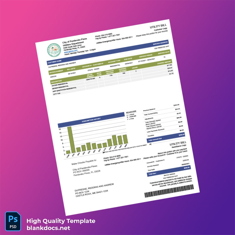 United States City Of Pembroke Pines Editable Utility Bill Template in Word and PDF formats