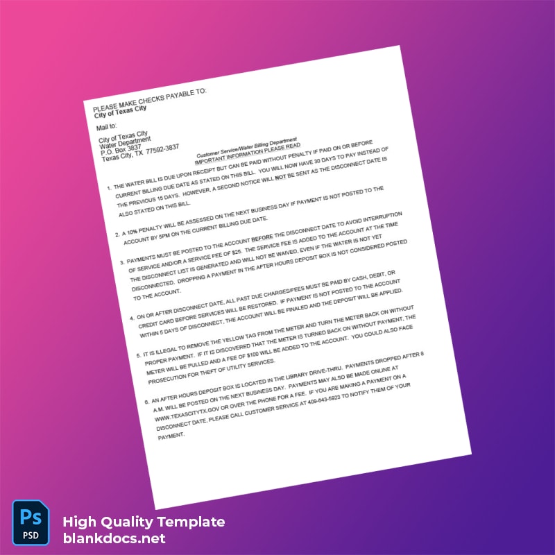 United States City Of Texas City Editable Utility Bill Template in Word and PDF formats page 2