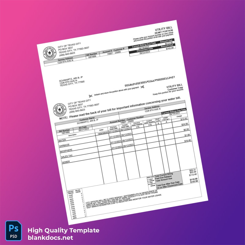 United States City Of Texas City Editable Utility Bill Template in Word and PDF formats