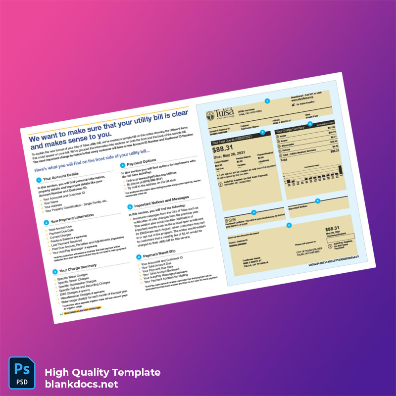 United States City Of Tulsa Editable Utility Bill Template in Word and PDF formats