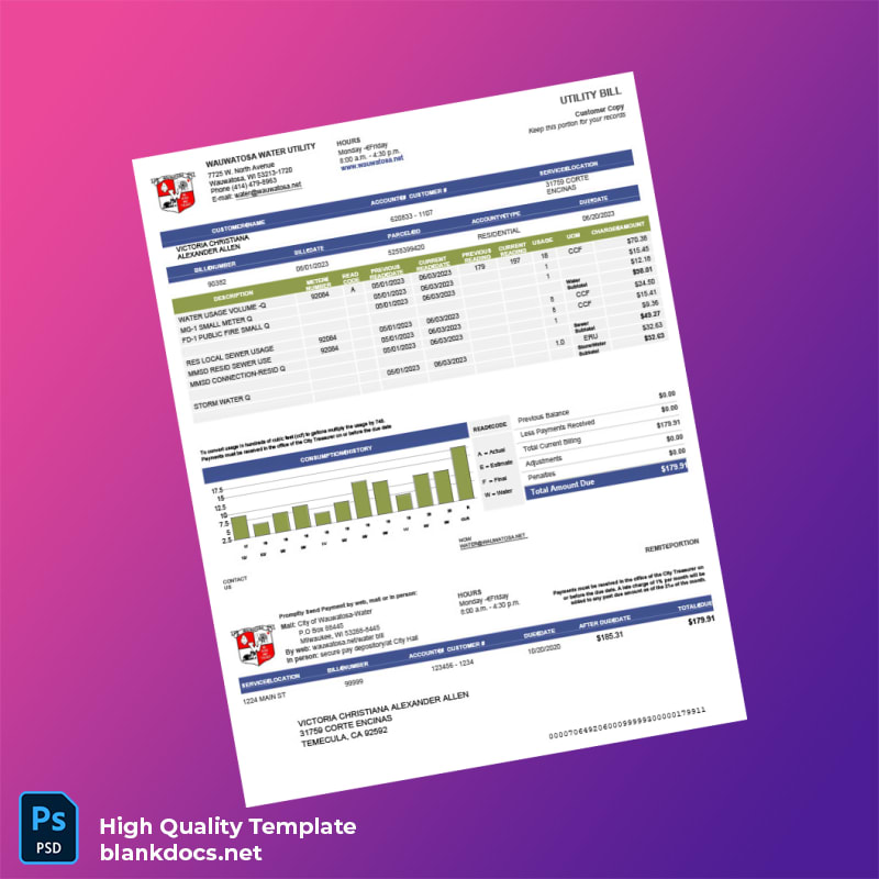 United States City Of Wauwatosa Water Utility Editable Utility Bill Template in Word and PDF formats