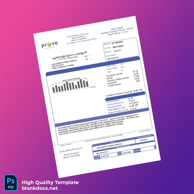 United States City Of West Jordan Editable Utility Bill Template in Word and PDF formats