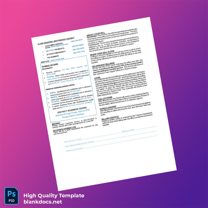 United States Clark Regional Wastewater District Editable Utility Bill Template in Word and PDF formats page 2