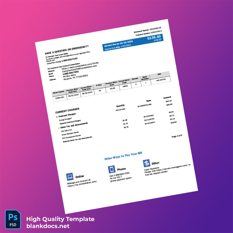 United States Constellation Energy Editable Utility Bill Template in Word and PDF formats page 2