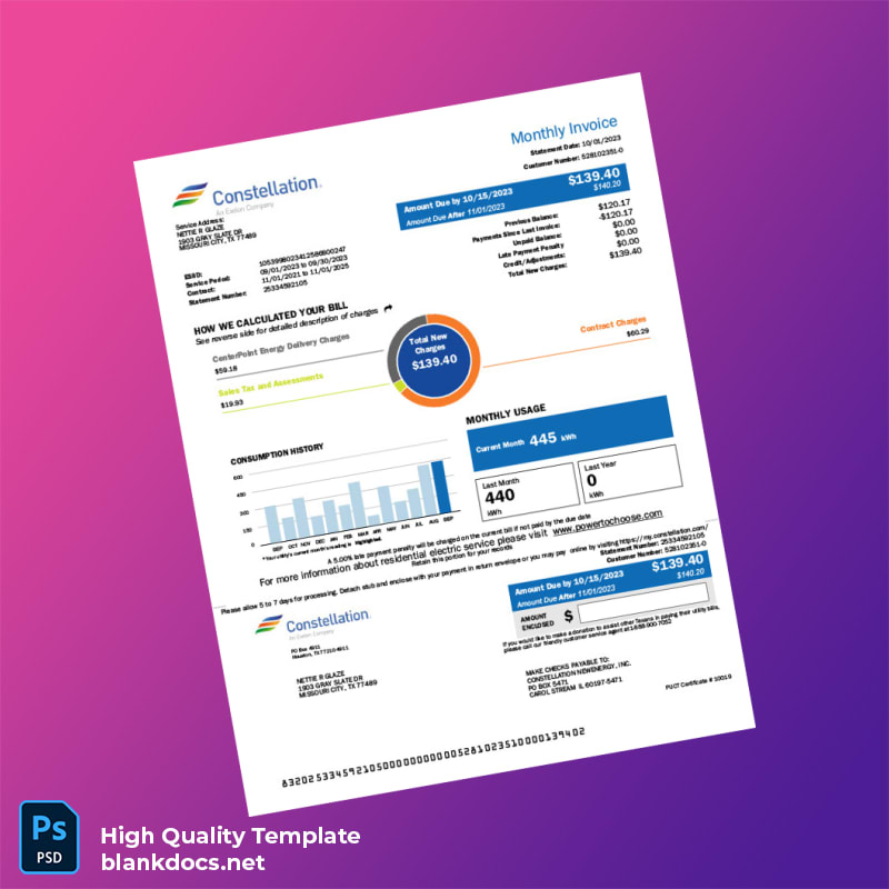United States Constellation Energy Editable Utility Bill Template in Word and PDF formats