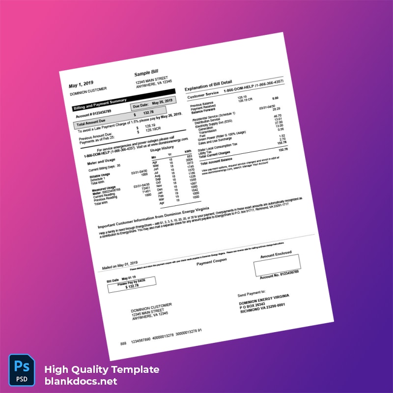 United States Dominion Energy Virginia Editable Electricity Bill Template in Word and PDF formats