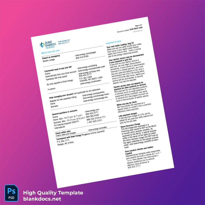 United States Duke Energy Editable Electricity Bill Template in Word and PDF formats page 2