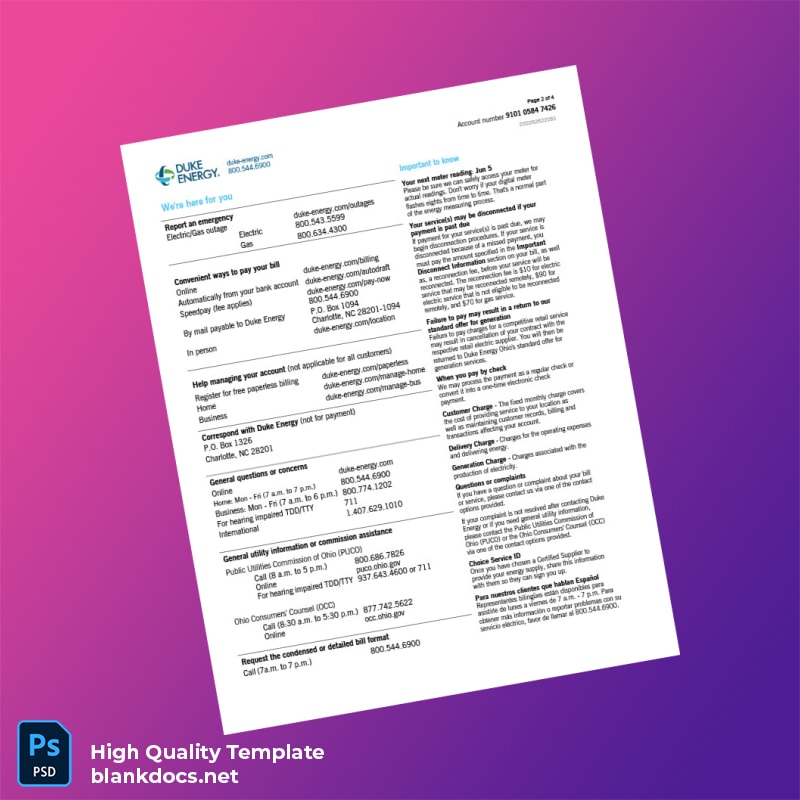 United States Duke Energy Editable Utility Bill Template in Word and PDF formats page 2