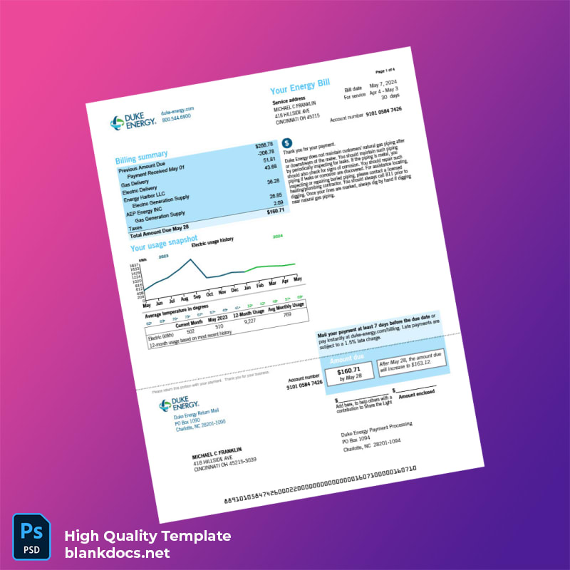 United States Duke Energy Editable Utility Bill Template in Word and PDF formats